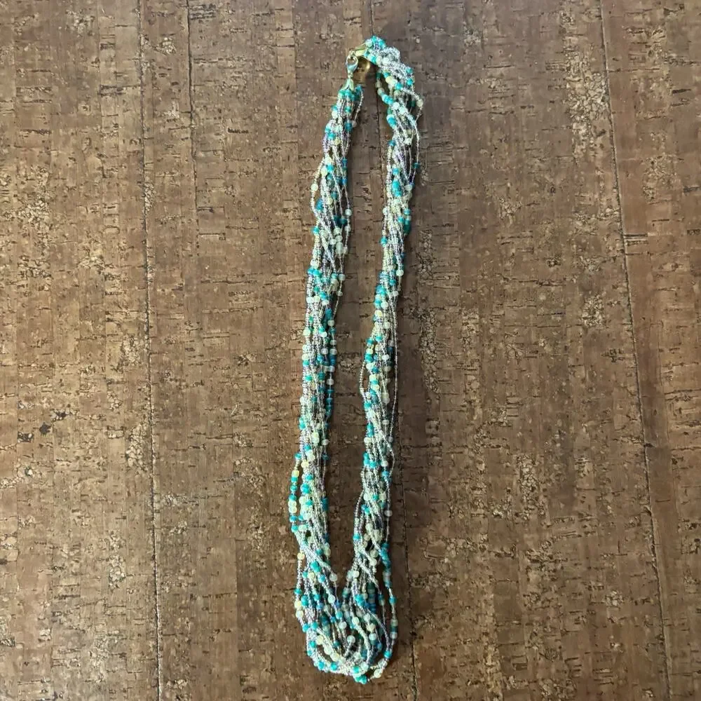Vintage 1960s Multi Strand Pink Gold Blue Glass Seed Bead Twisted Necklace Vtg